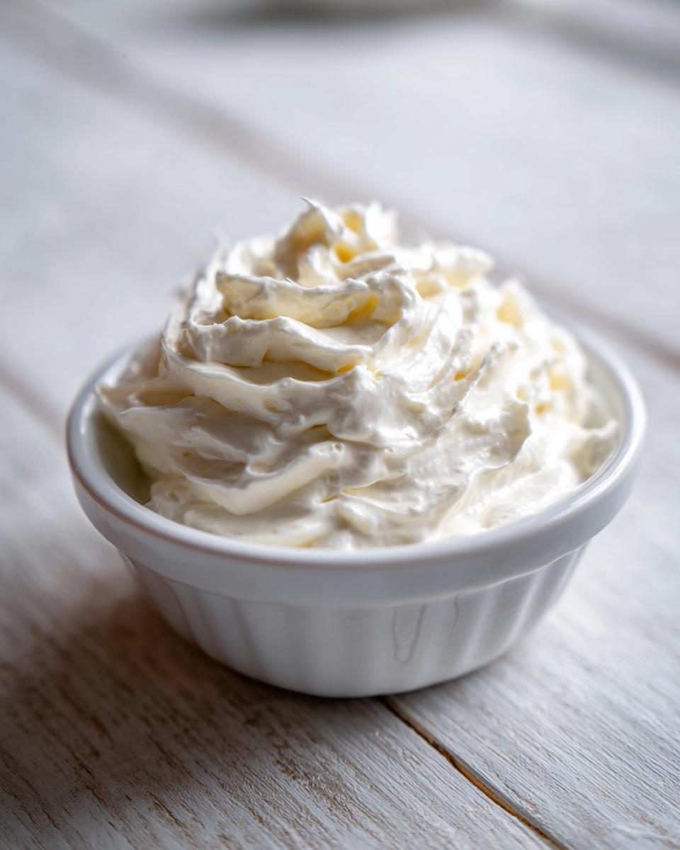 A small white ramekin filled with fluffy, whipped horseradish cream sauce on a light wooden surface.