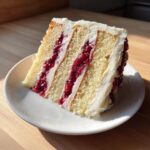 A decadent slice of white chocolate raspberry cake showing three layers of vanilla cake, white frosting, and bright red raspberry filling.