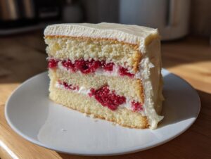A decadent slice of white chocolate raspberry cake featuring two layers of vanilla sponge, white frosting, and bright red raspberry filling.