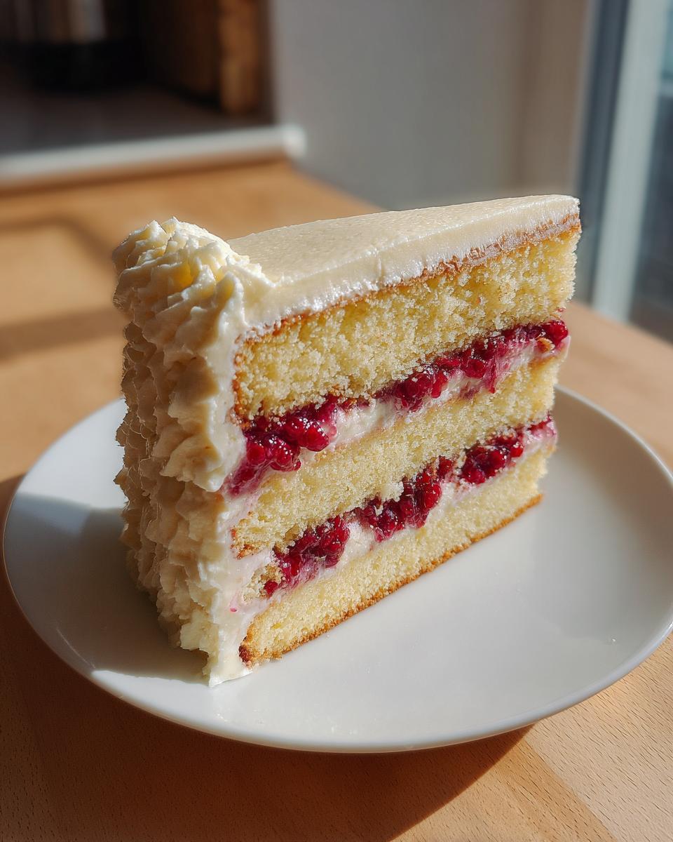 A tall slice of white chocolate raspberry cake showing three layers of sponge, white frosting, and bright red raspberry filling.