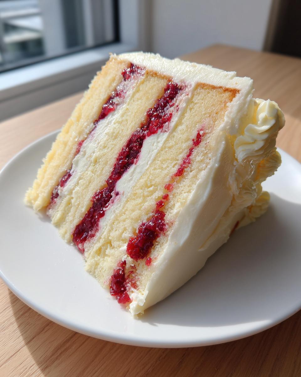 A tempting slice of white chocolate raspberry cake showing layers of yellow cake, white frosting, and bright red raspberry filling.
