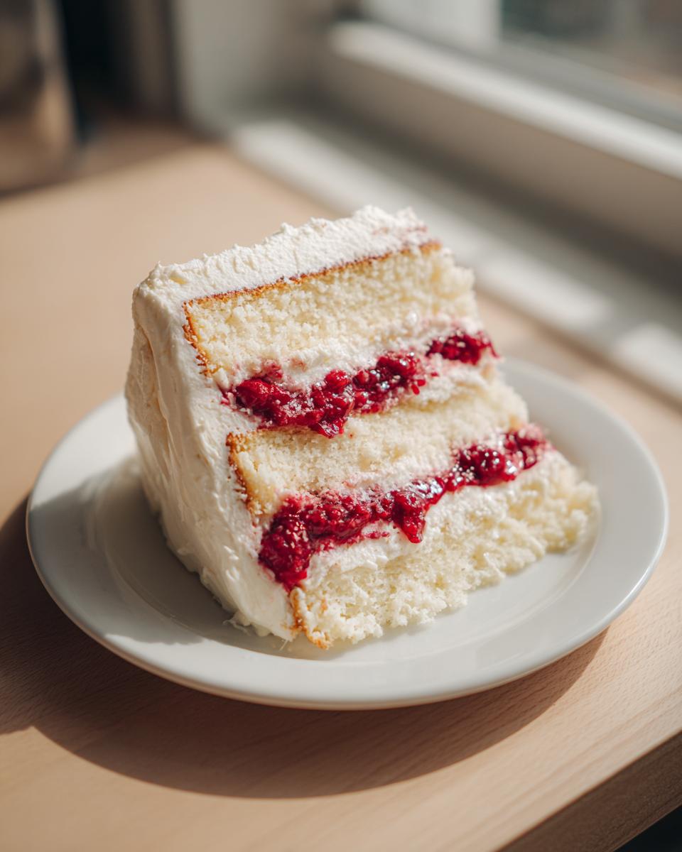 A tempting slice of white chocolate raspberry cake layered with white frosting and bright red raspberry filling, sitting on a white plate.