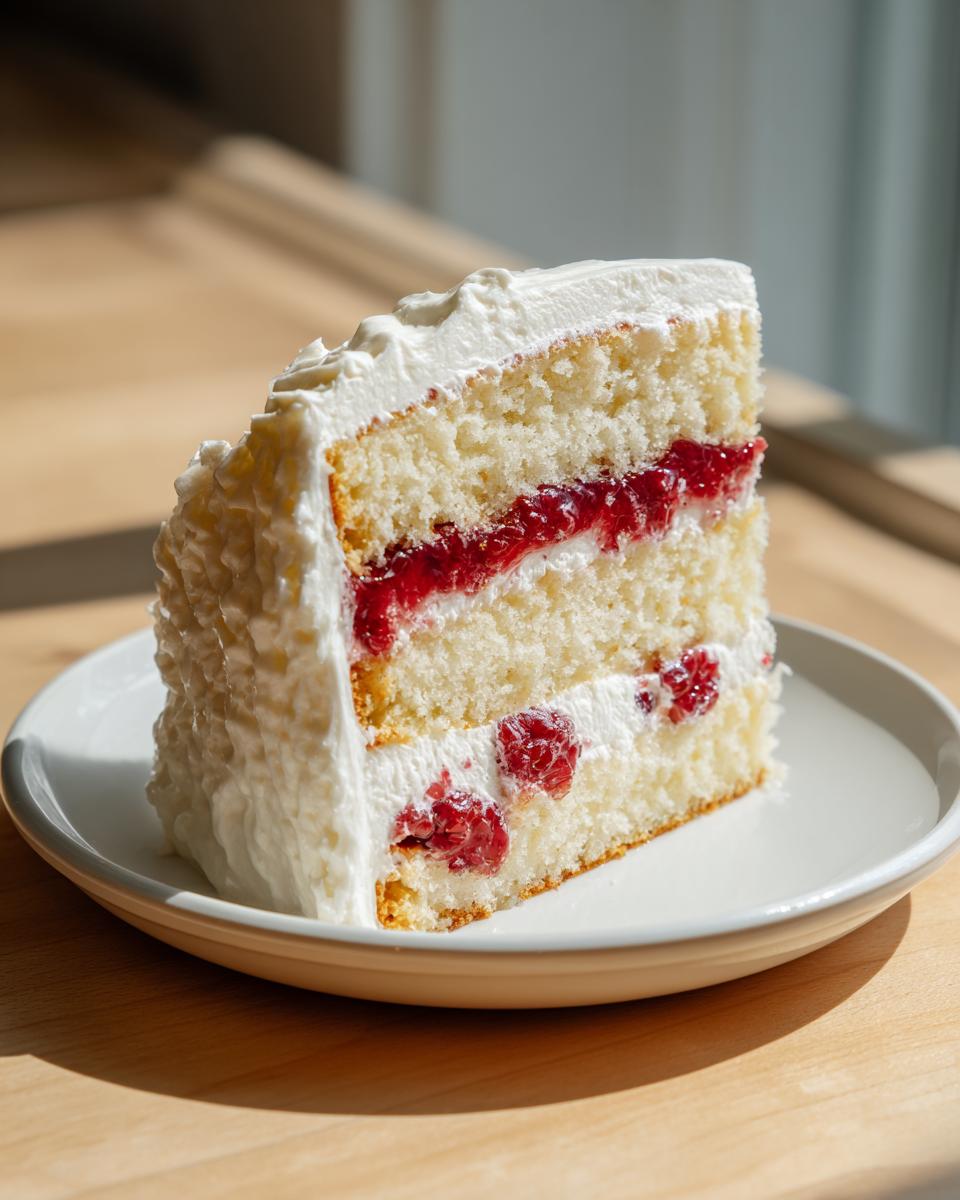 A tall slice of white chocolate raspberry cake featuring three layers of white cake, raspberry filling, and white frosting.