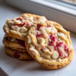 A close-up stack of freshly baked white chocolate raspberry cookies showing melted raspberry swirl and white chocolate chips.