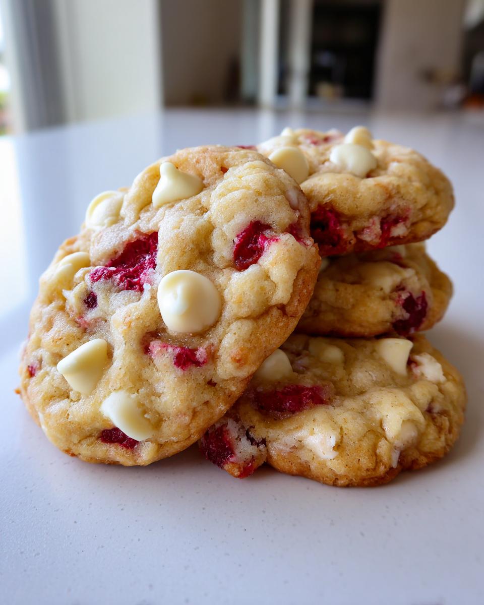 Close-up of a stack of freshly baked white chocolate raspberry cookies showing visible white chocolate chips and bright red raspberry pieces.