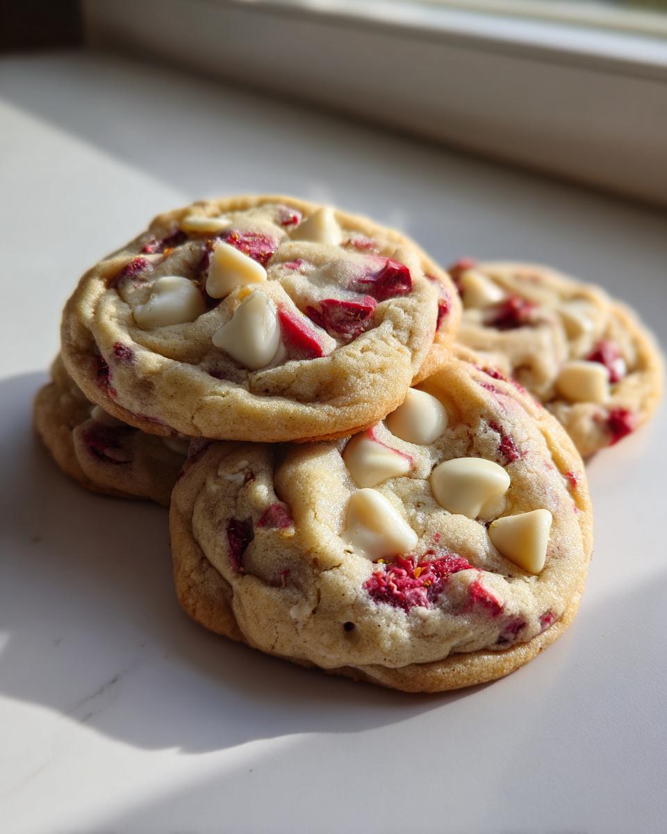 Close-up of a small stack of soft white chocolate raspberry cookies featuring visible white chips and bright red raspberry pieces.