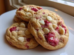 A stack of three soft, chewy white chocolate raspberry cookies featuring bright pink raspberry swirls and white chocolate chips.