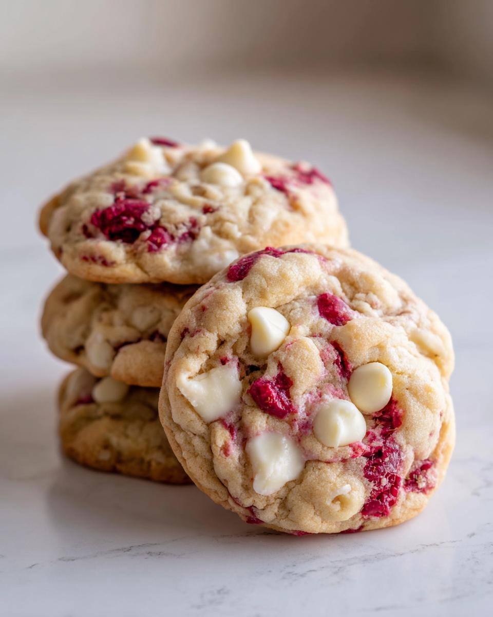 A stack of soft, chewy white chocolate raspberry cookies featuring visible chunks of white chocolate and bright red raspberry pieces.