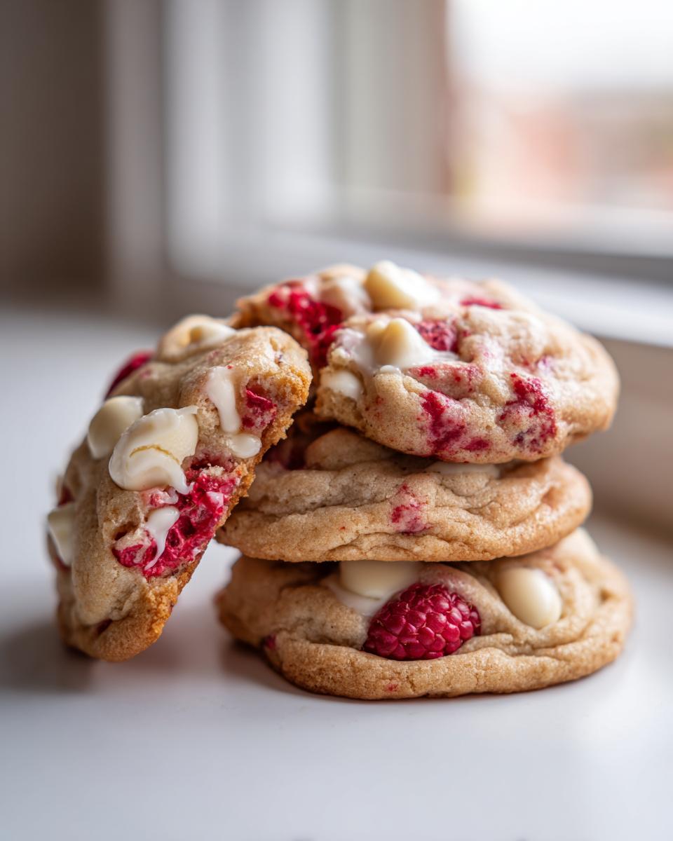 A stack of three soft, chewy white chocolate raspberry cookies with one cookie broken open to show the interior.