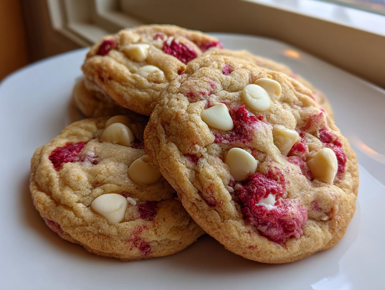 A stack of three soft, chewy white chocolate raspberry cookies featuring bright pink raspberry swirls and white chocolate chips.