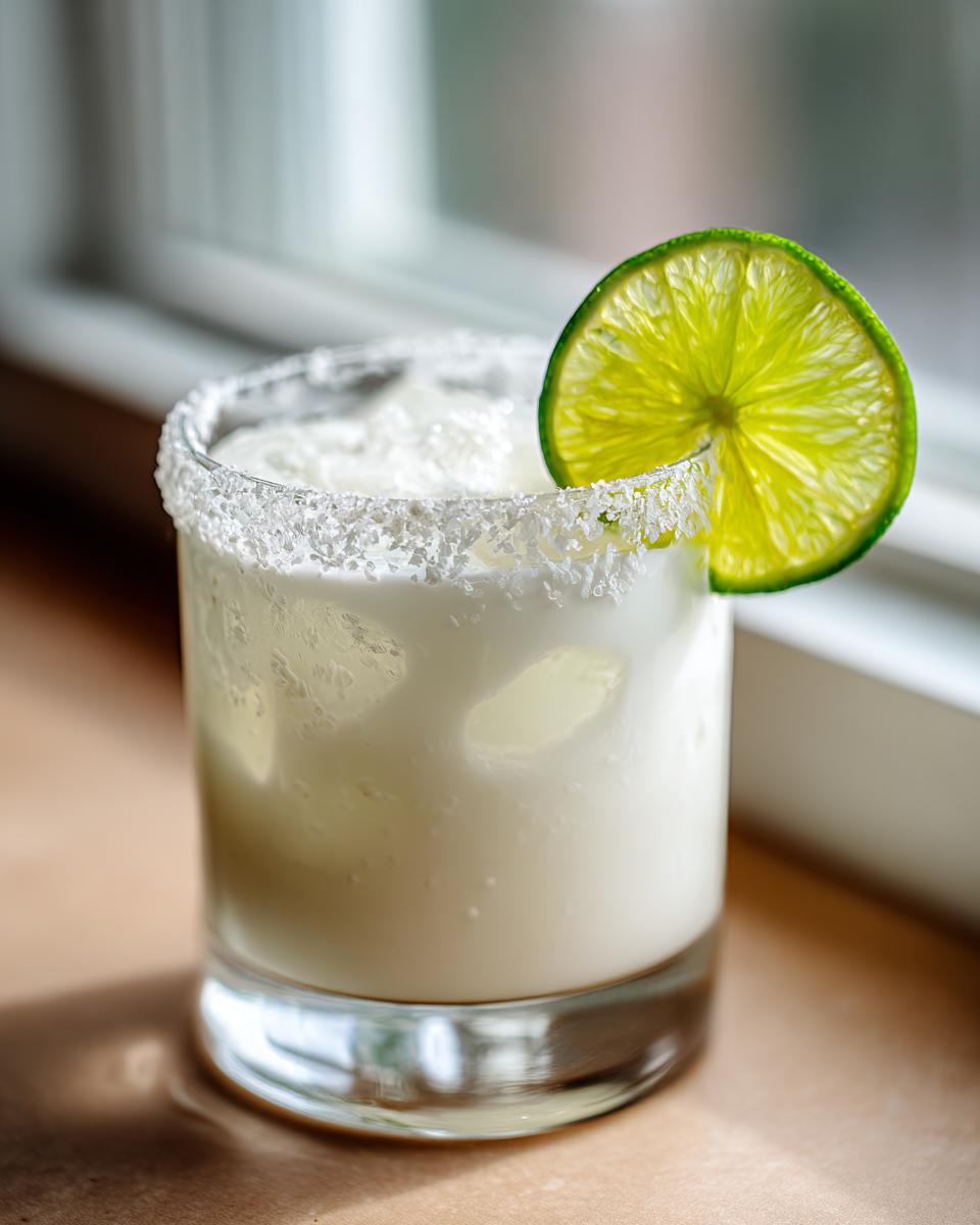 A close-up of a creamy white christmas margarita in a glass with a salted rim and fresh lime wheel.