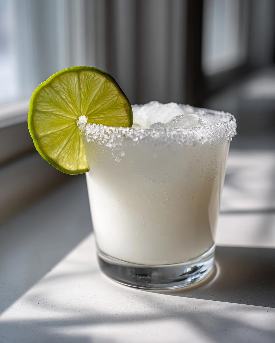 A frosty white christmas margarita served in a rocks glass with a salt rim and a fresh lime wheel garnish.