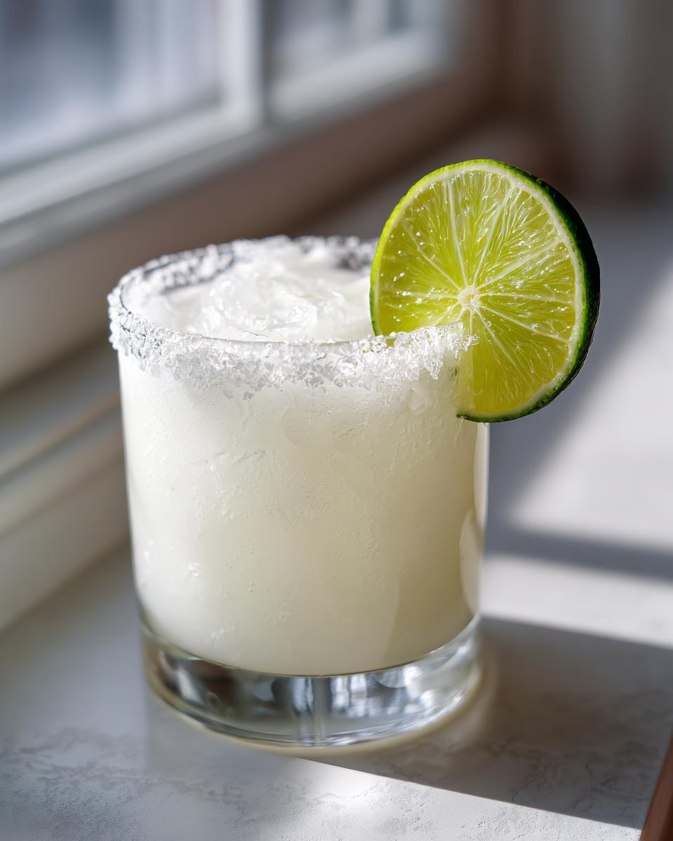 A frosty white christmas margarita in a glass with a salt rim and a fresh lime wheel garnish.