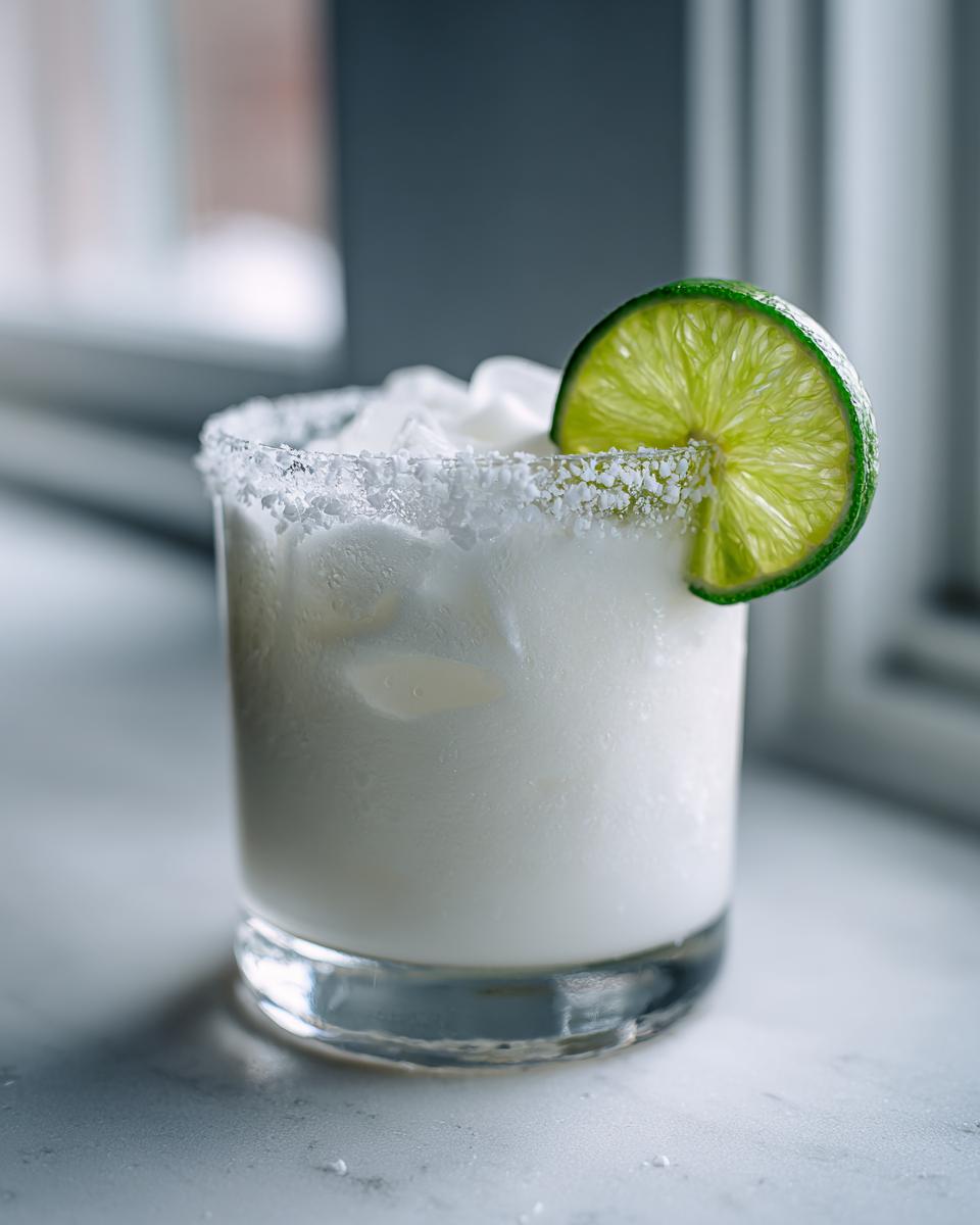A frosty glass containing a creamy white Christmas margarita, garnished with a lime wheel and a salt rim.
