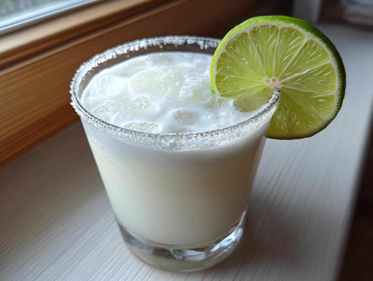 A frosty glass filled with a creamy white Christmas margarita, ice, and a salted rim, garnished with a fresh lime wheel.