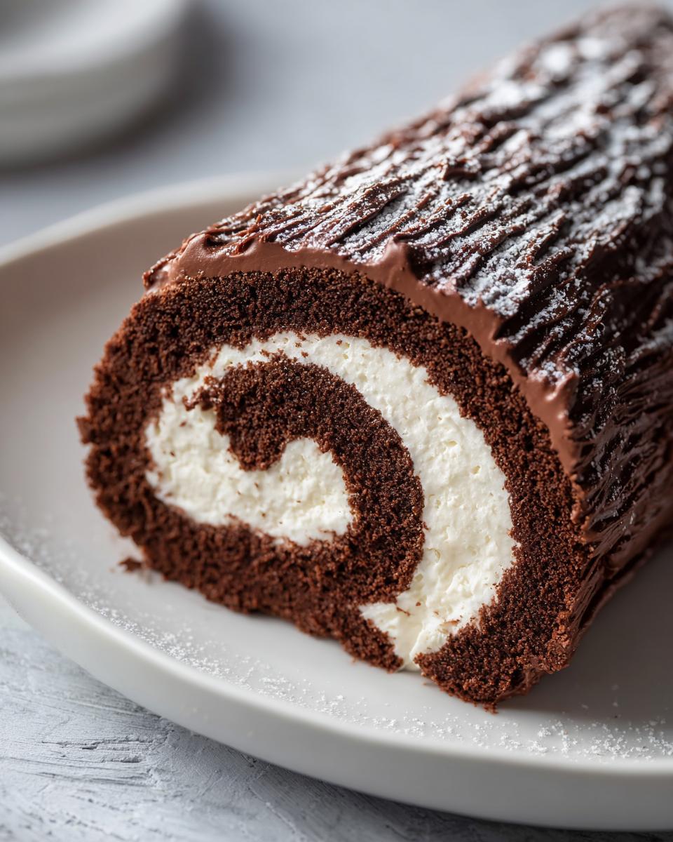 Close-up of a chocolate yule log cake slice showing dark sponge cake rolled with white cream filling, topped with chocolate frosting.