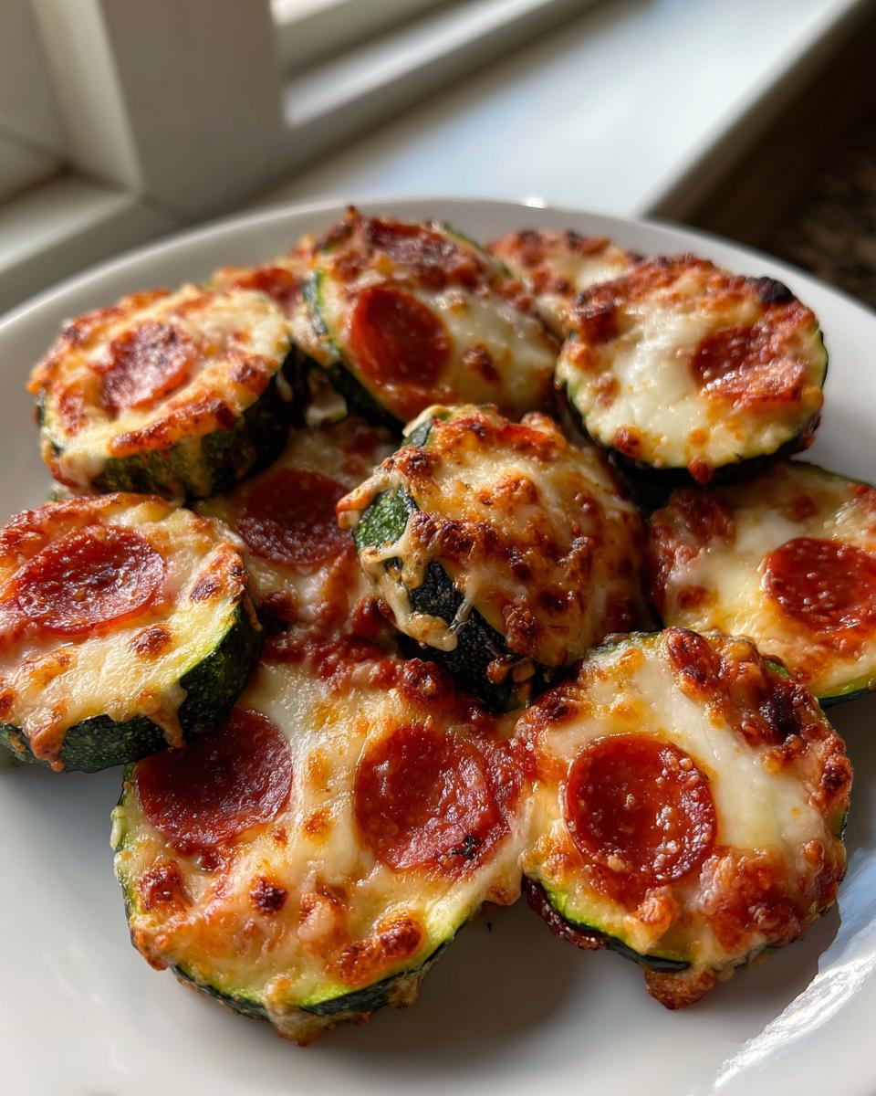 Close-up of baked zucchini pizza bites topped with melted cheese and pepperoni slices on a white plate.