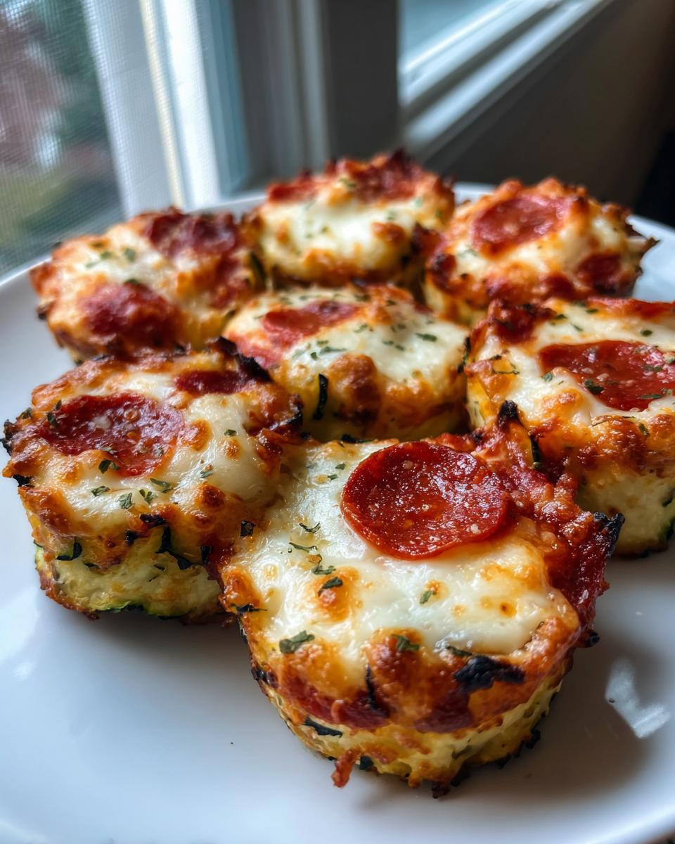 Close-up of six baked zucchini pizza bites topped with melted cheese, pepperoni, and herbs.