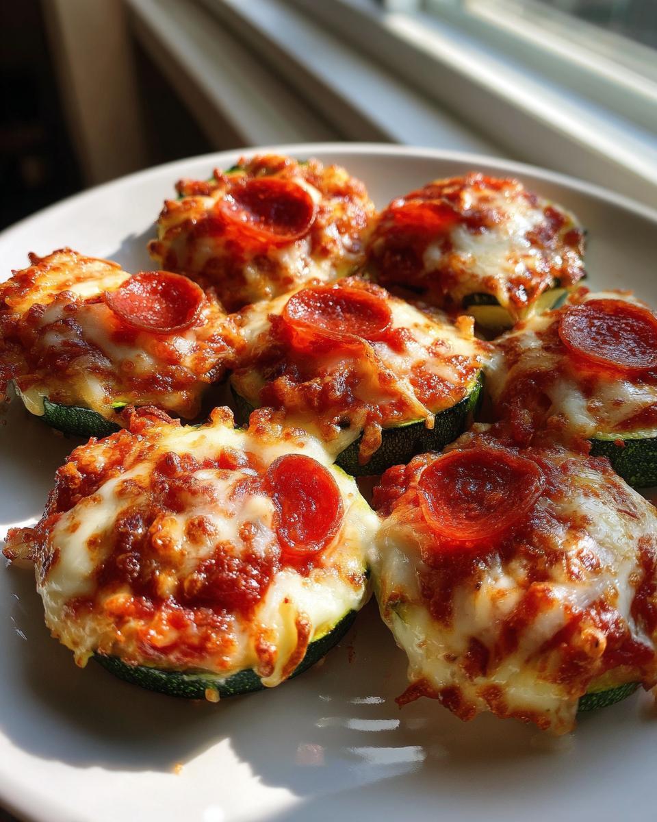 Six baked zucchini pizza bites topped with melted cheese, sauce, and pepperoni slices, served on a white plate.