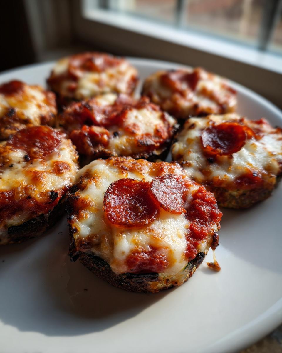 Close-up of several baked zucchini pizza bites topped with melted cheese and pepperoni slices on a white plate.