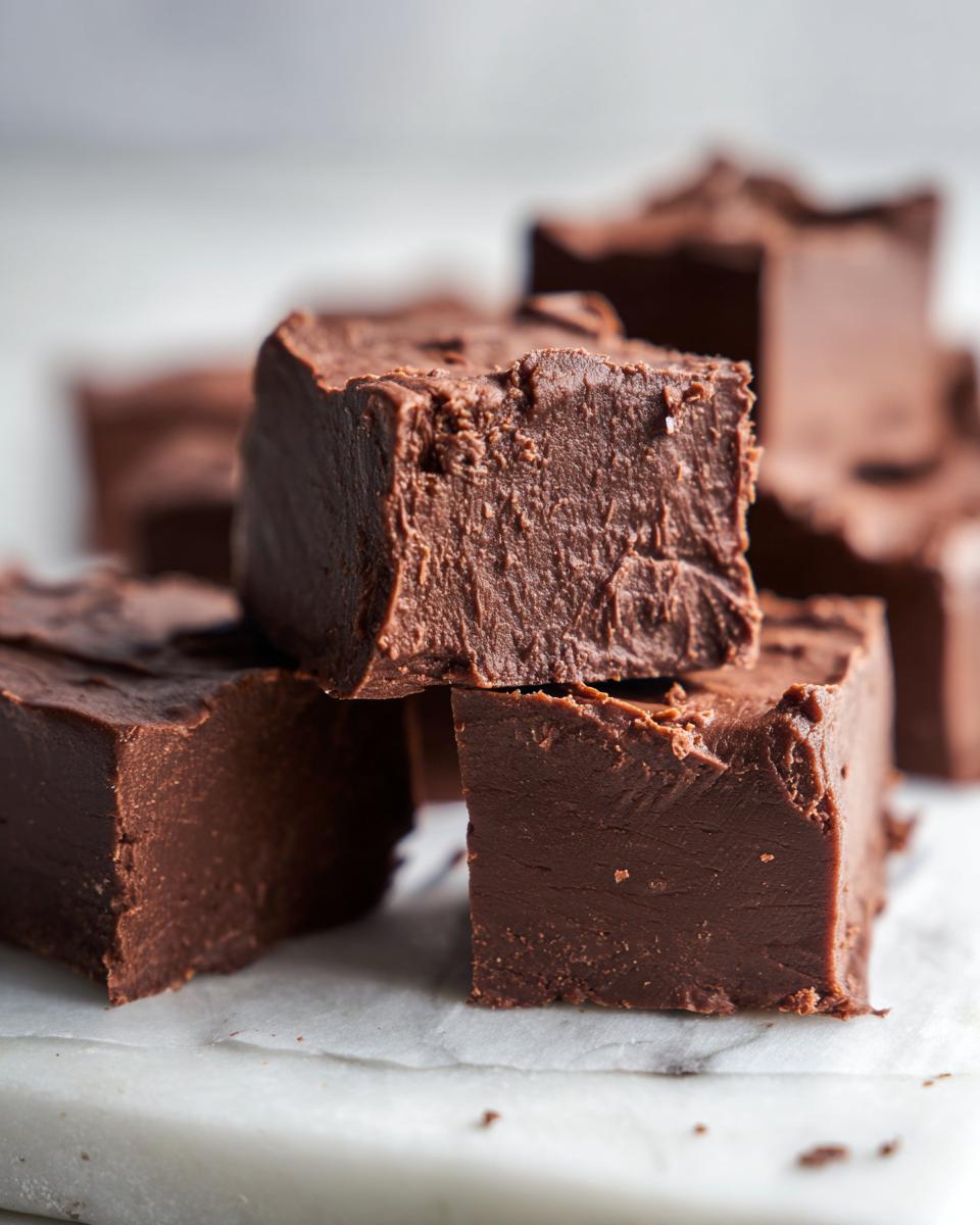 Close-up of thick, dark chocolate squares from a 3-ingredient fudge recipe stacked on white parchment paper.