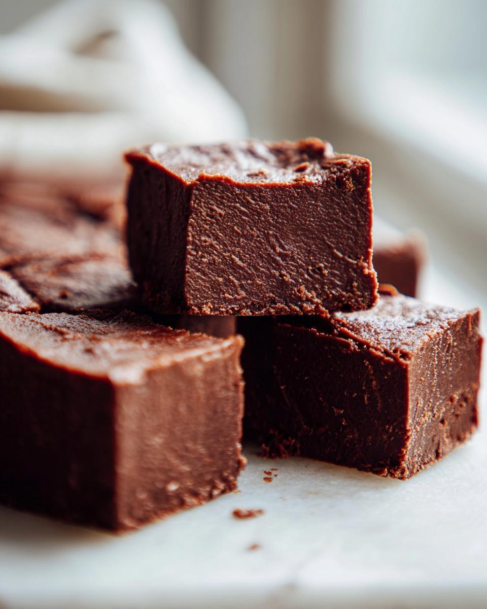 Close-up of rich, dark chocolate squares stacked, showcasing the smooth texture of the fudge recipe.