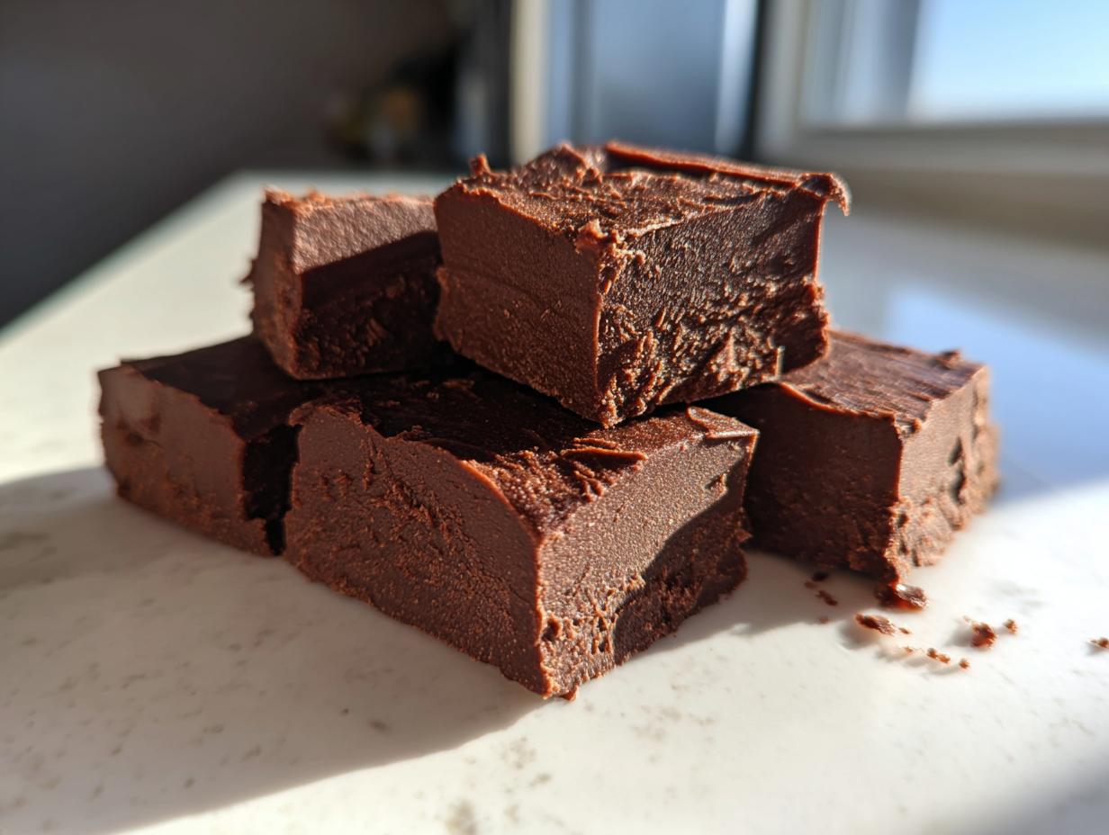 A stack of five rich, dark chocolate squares made from the 3-ingredient fudge recipe, sitting on a white counter.