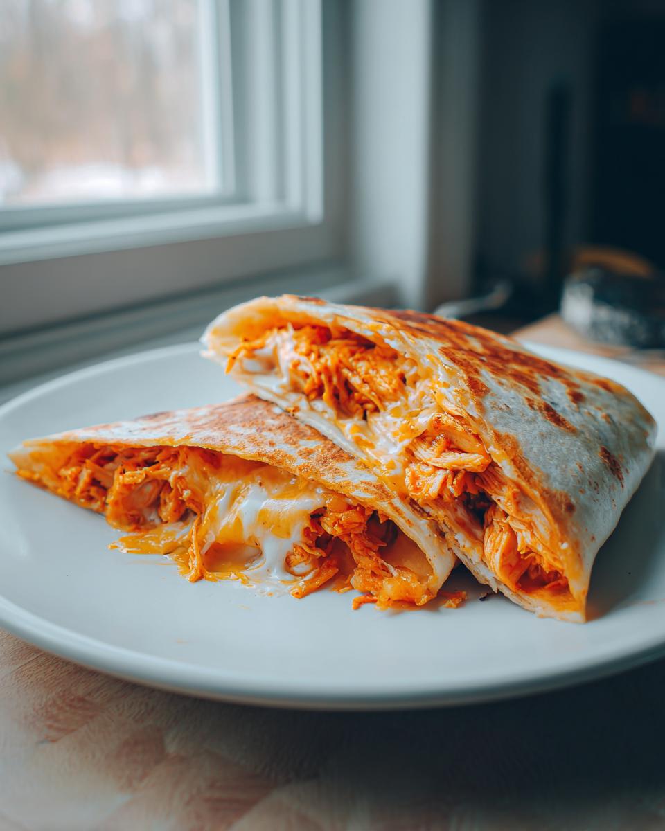 Close-up of a halved buffalo chicken quesadilla oozing melted cheese and spicy shredded chicken.