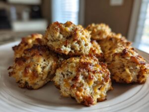 A close-up of several golden brown, baked sausage balls piled on a white plate.