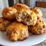 A stack of golden brown, cheesy sausage balls, with one broken open showing the interior texture.