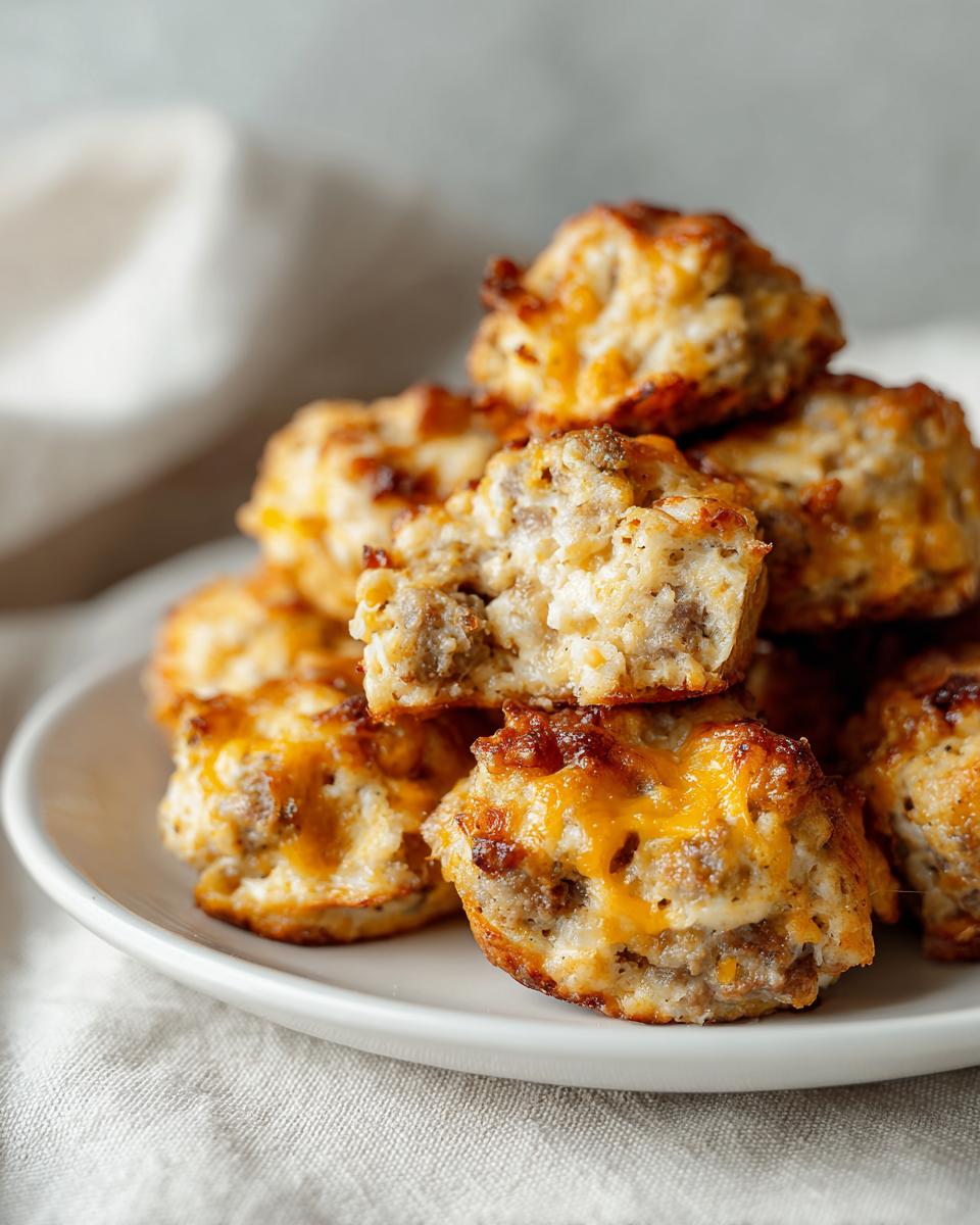A stack of golden brown, cheesy sausage balls piled on a white plate, one is broken open.