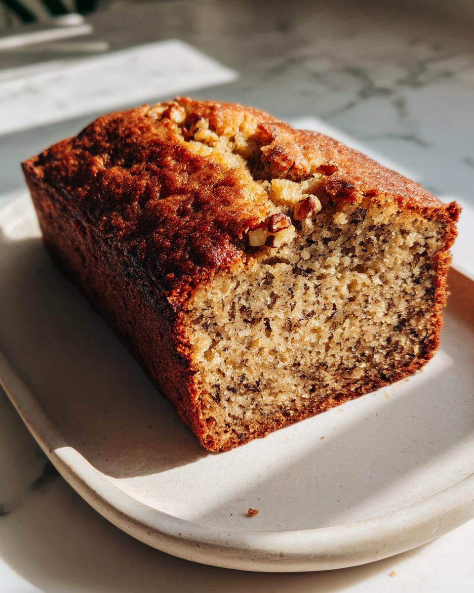 A close-up of a freshly baked banana bread recipe loaf with a dark crust and visible nuts on top.