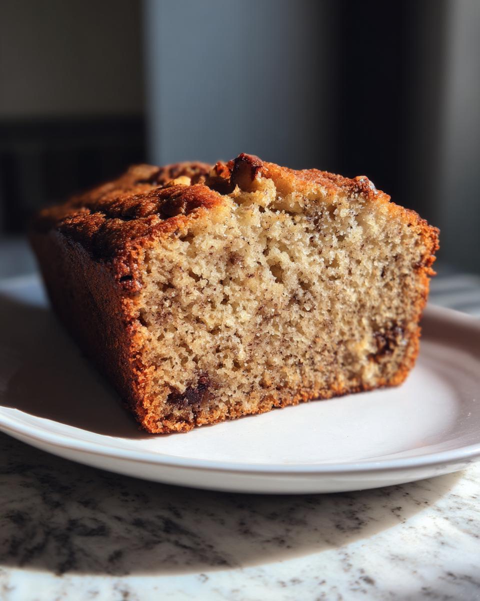 Close-up of a moist slice from an amazing banana bread recipe, showing a golden crust and tender crumb.
