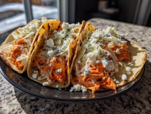 Three delicious buffalo chicken tacos loaded with shredded orange chicken, slaw, and blue cheese crumbles.
