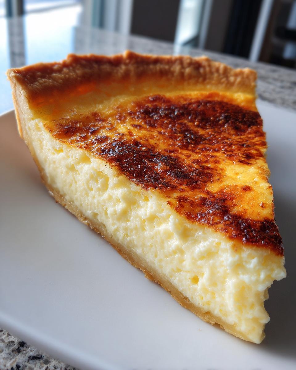A close-up slice of amazing buttermilk pie showing a creamy yellow filling and a beautifully browned top crust.