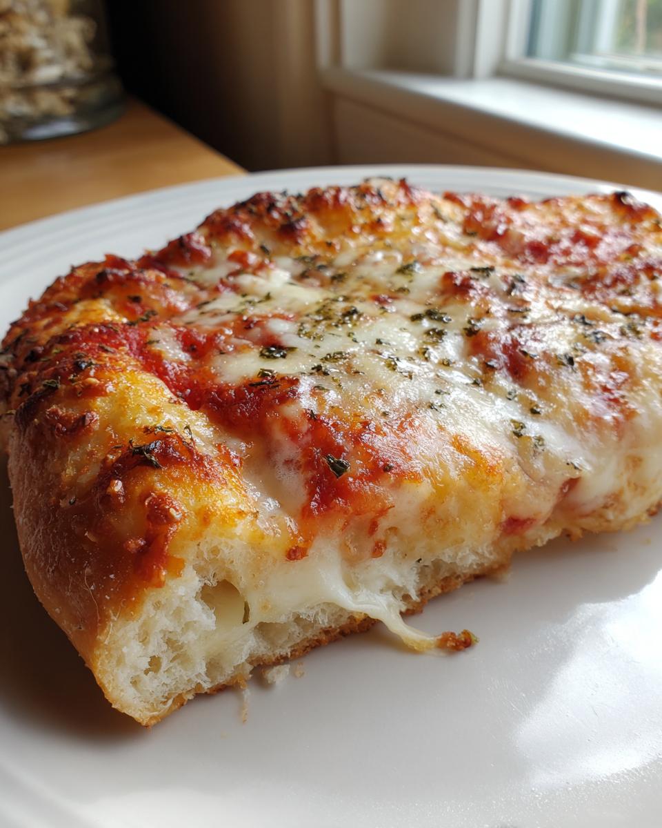 Close-up of a thick slice of cheese pizza showing melted mozzarella cheese pull and herbs on a white plate.