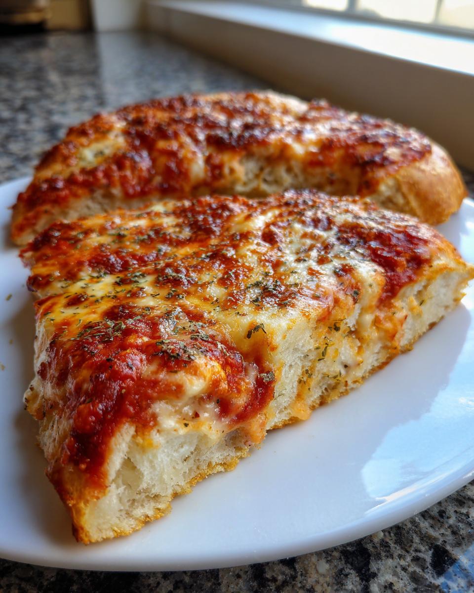 Close-up of a thick slice of cheese pizza with melted mozzarella and herbs on a white plate.