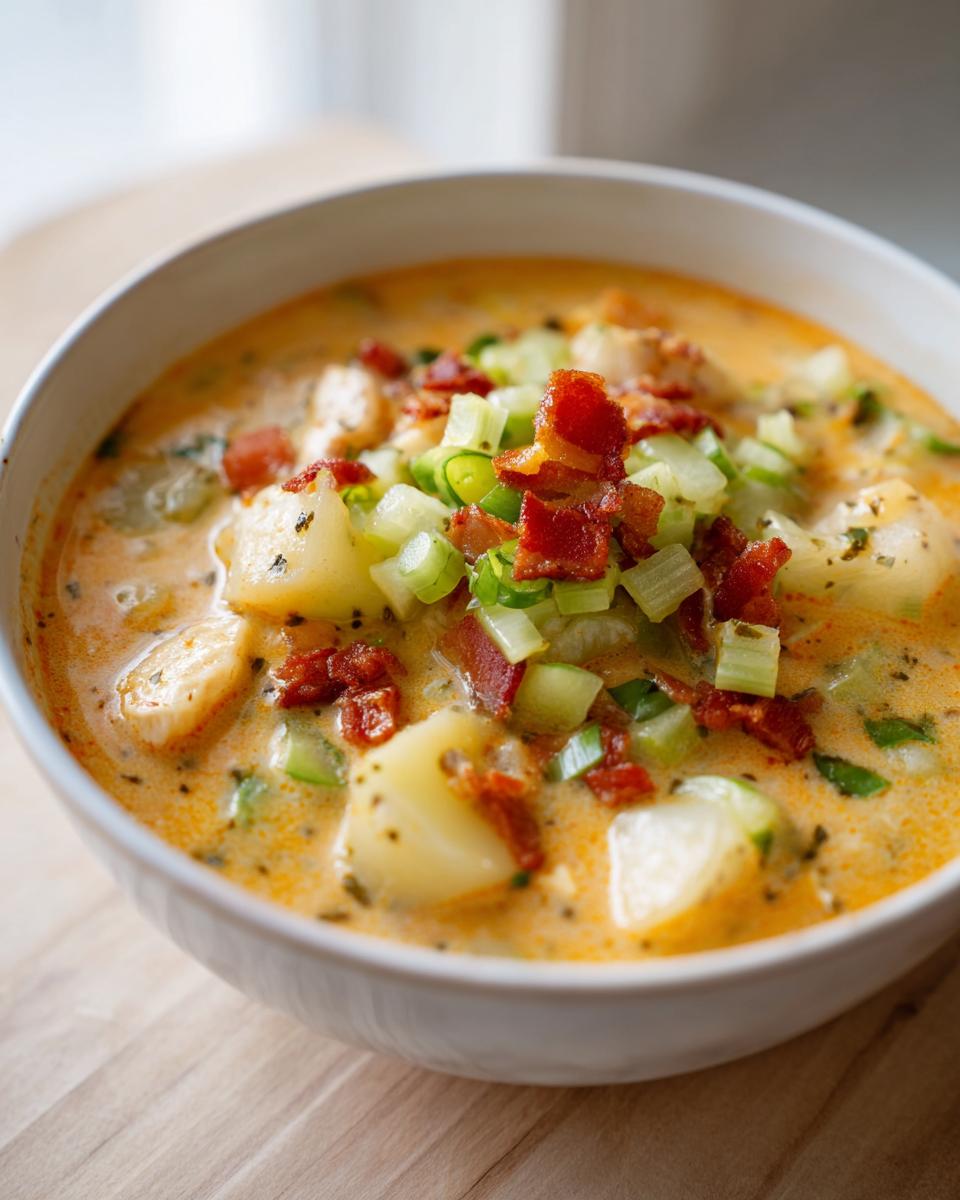 Close-up of a bowl of creamy cheeseburger soup topped with potatoes, bacon bits, and chopped green onions.