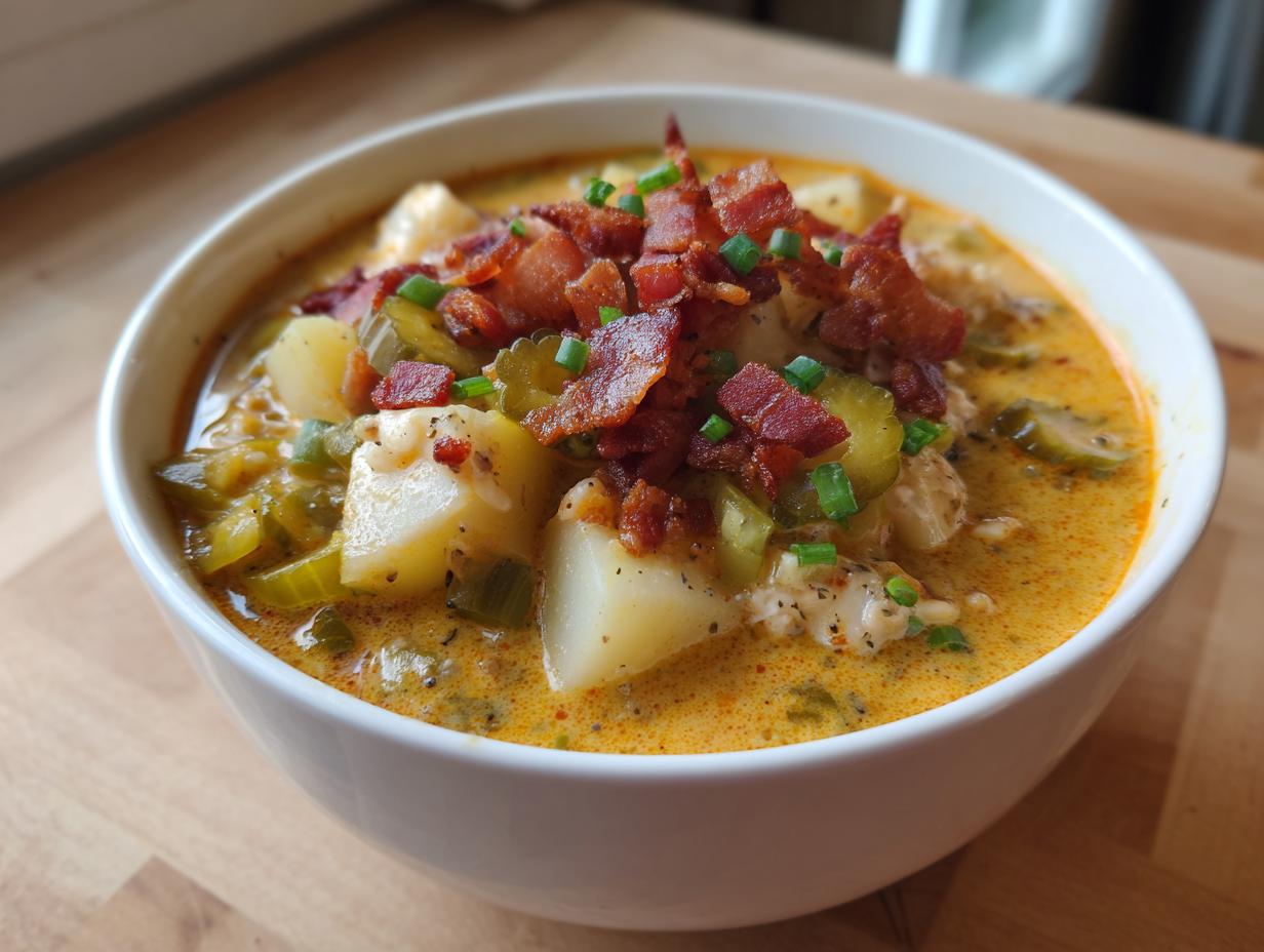 A close-up of a white bowl filled with creamy, orange-tinted cheeseburger soup topped with potatoes, pickles, bacon, and chives.