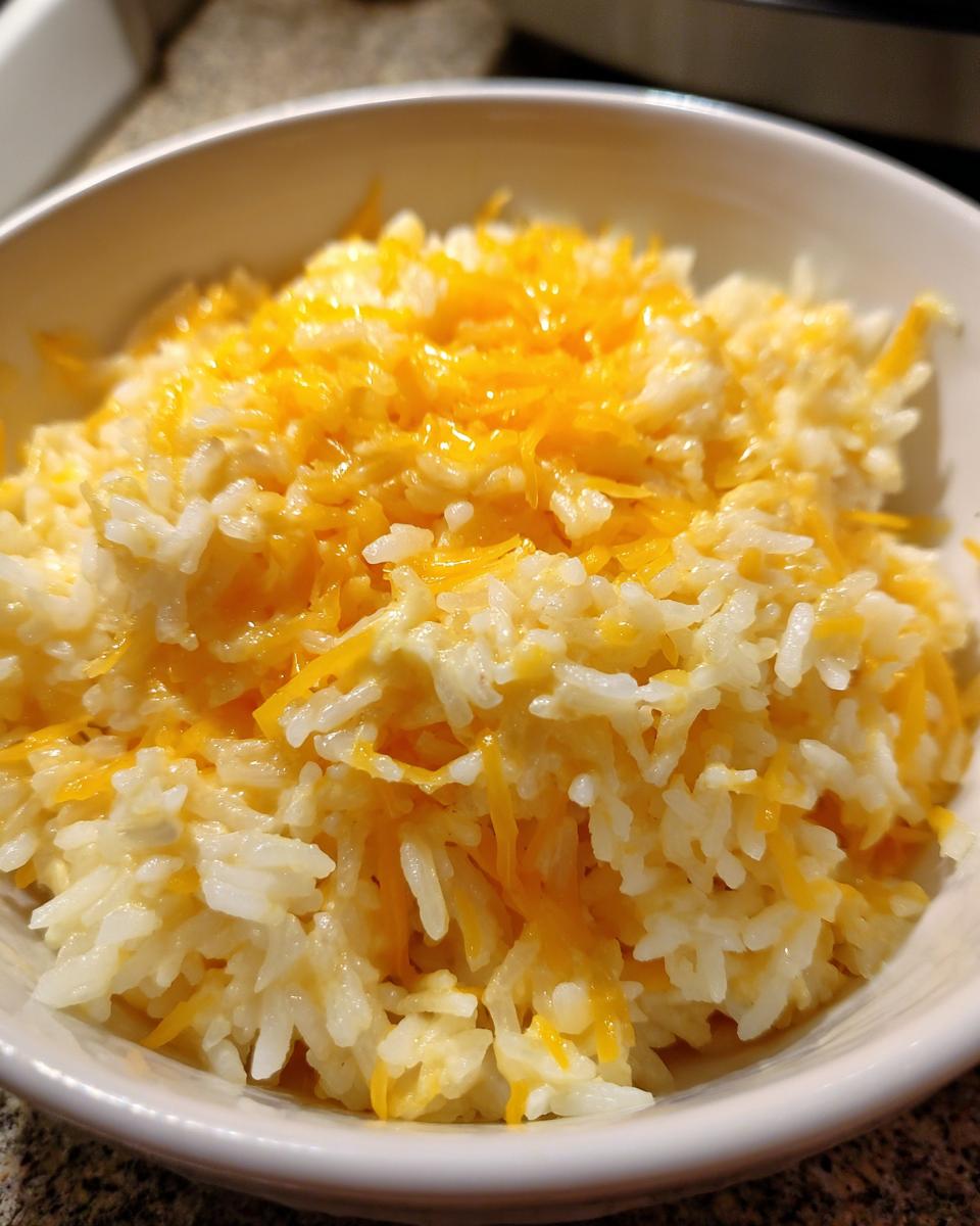 Close-up of a white bowl filled with creamy white rice topped generously with melted shredded cheddar cheese, showcasing the amazing cheesy rice.