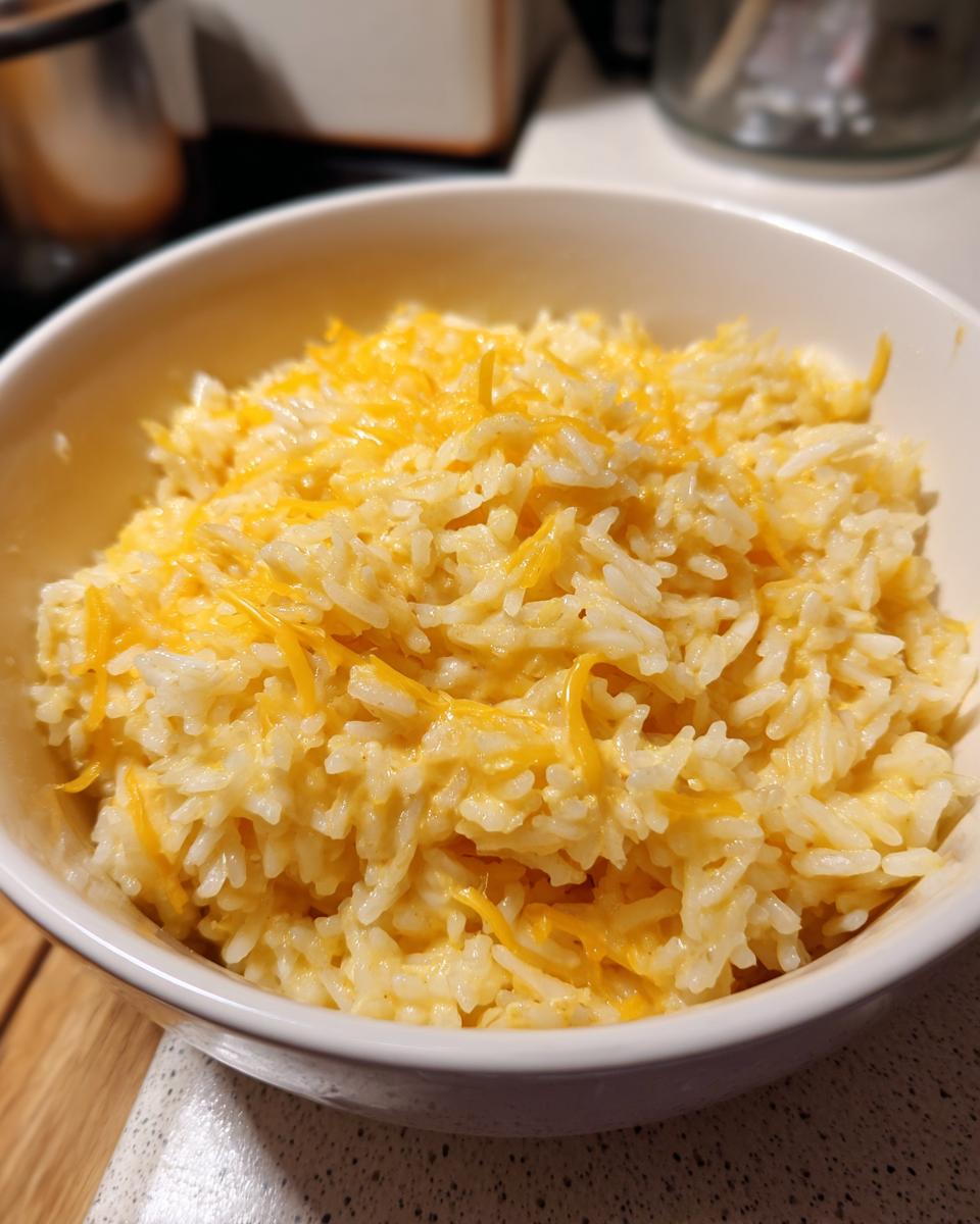 A close-up of a white bowl filled with creamy, amazing cheesy rice topped with melted shredded cheddar cheese.