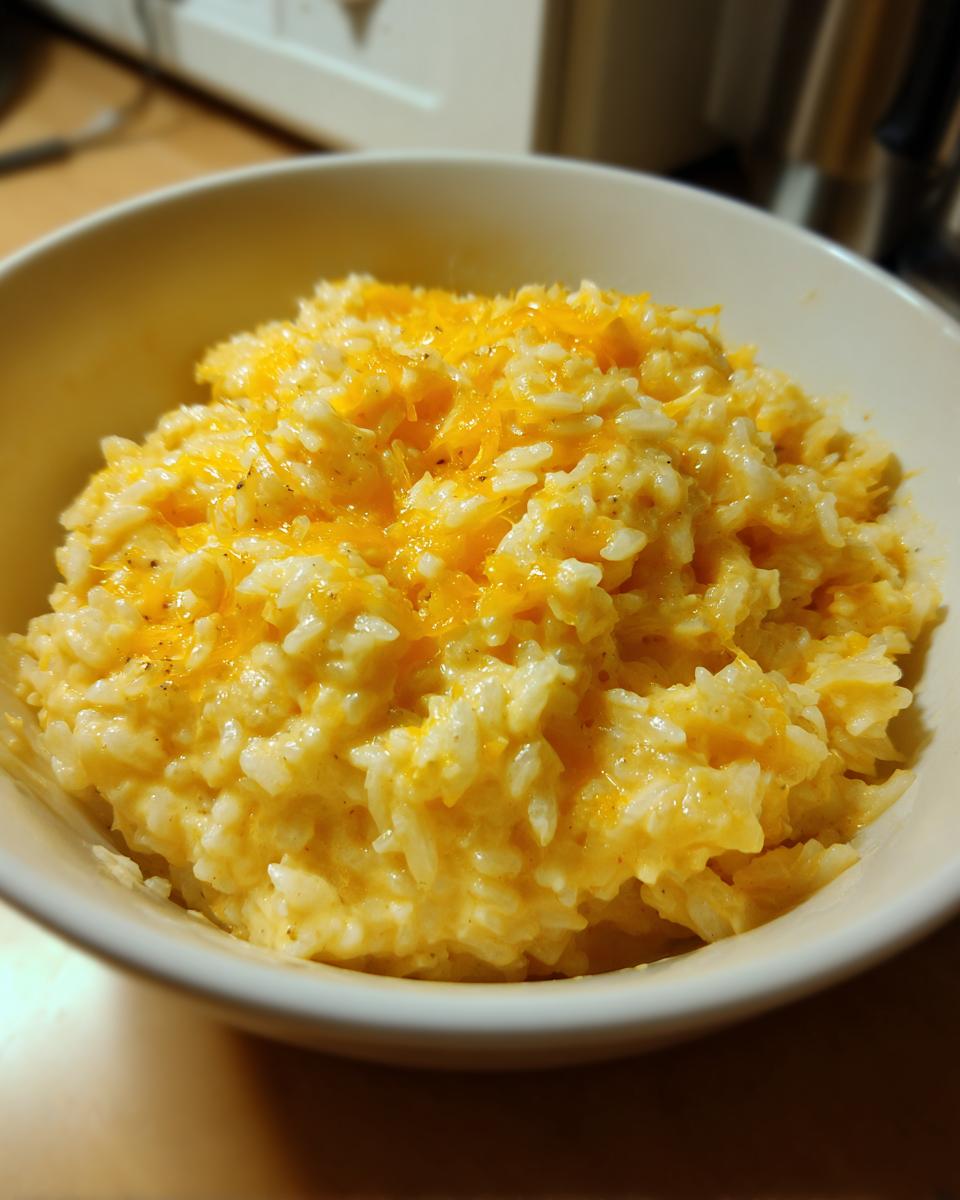 A close-up view of creamy, amazing cheesy rice topped with melted shredded cheddar cheese in a white bowl.