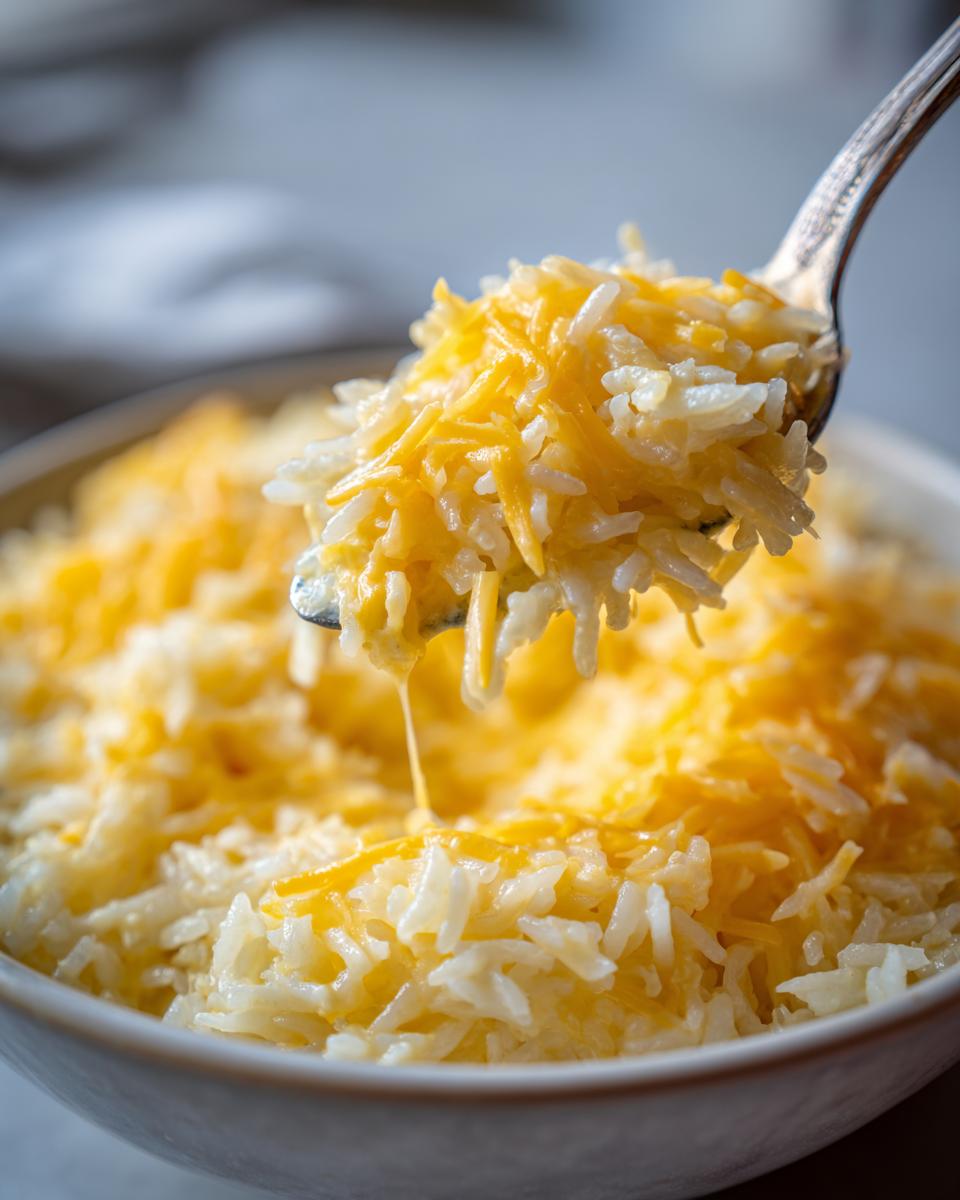 A spoonful of creamy, white rice topped with shredded cheddar cheese being lifted from a bowl of cheesy rice.
