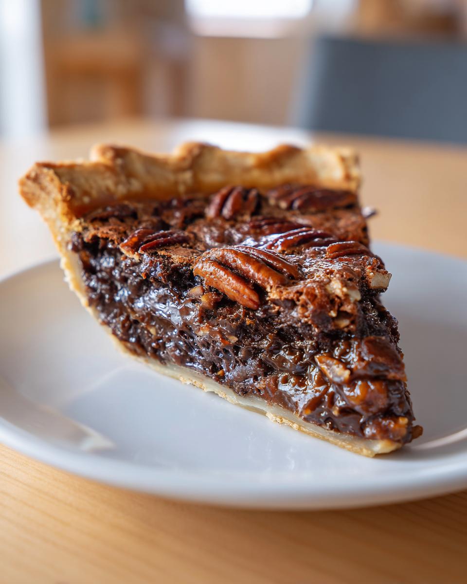 A close-up of a rich slice of chocolate pecan pie with a flaky crust, sitting on a white plate.