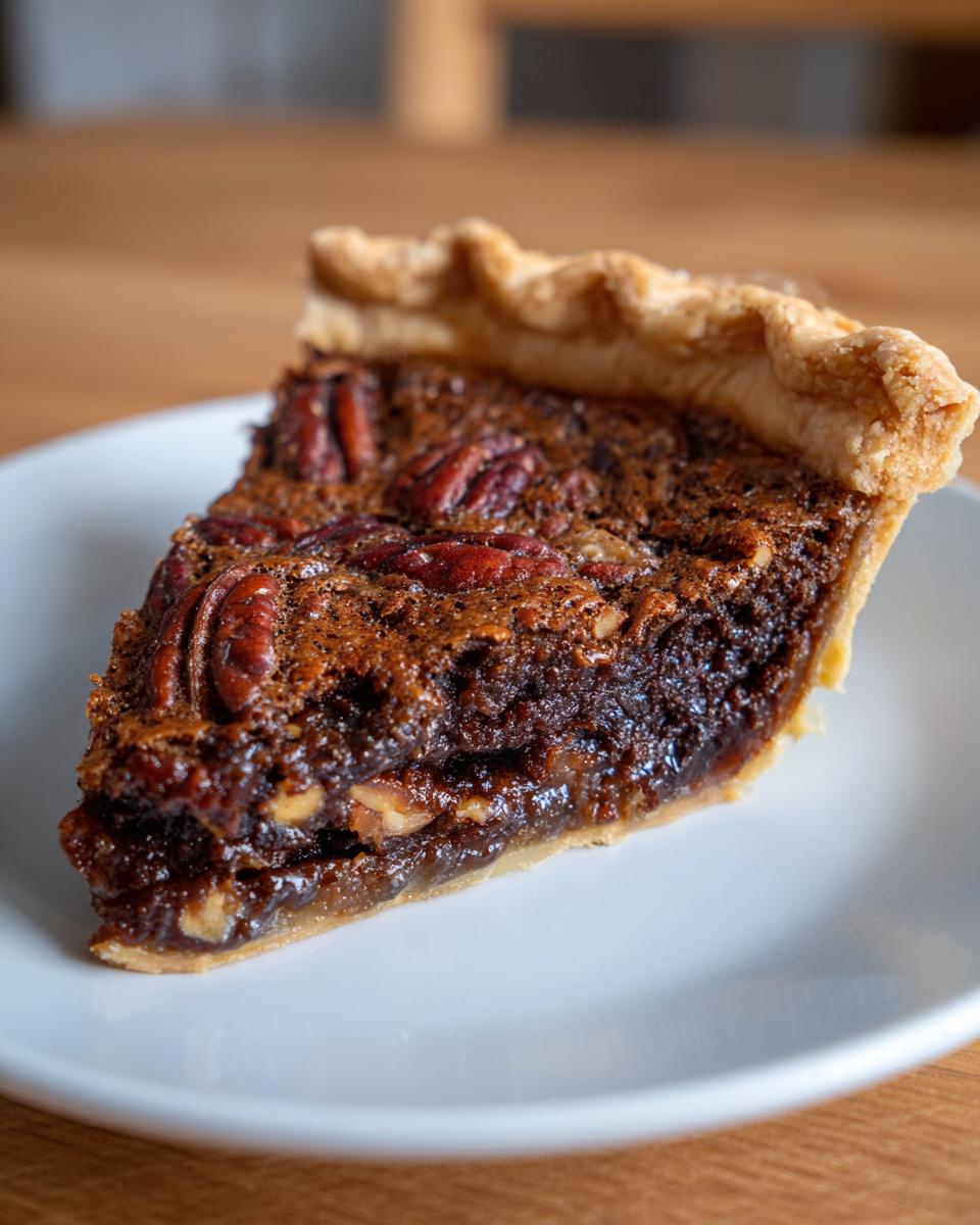 Close-up of a rich slice of chocolate pecan pie showing the gooey filling and pecan topping on a white plate.
