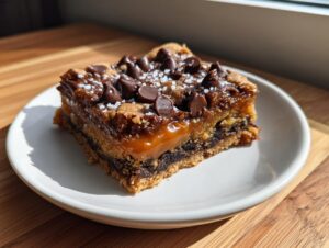 A close-up of a decadent, layered cookie bars slice topped with chocolate chips and sea salt.