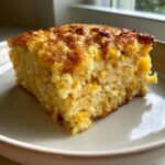 A close-up of a square slice of moist, golden corn casserole with visible whole corn kernels.