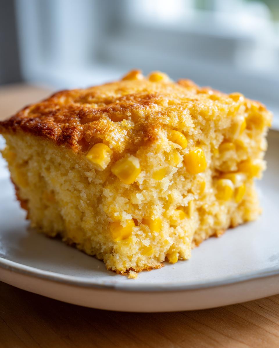 A close-up of a moist, golden slice of corn casserole recipe, studded with whole corn kernels.