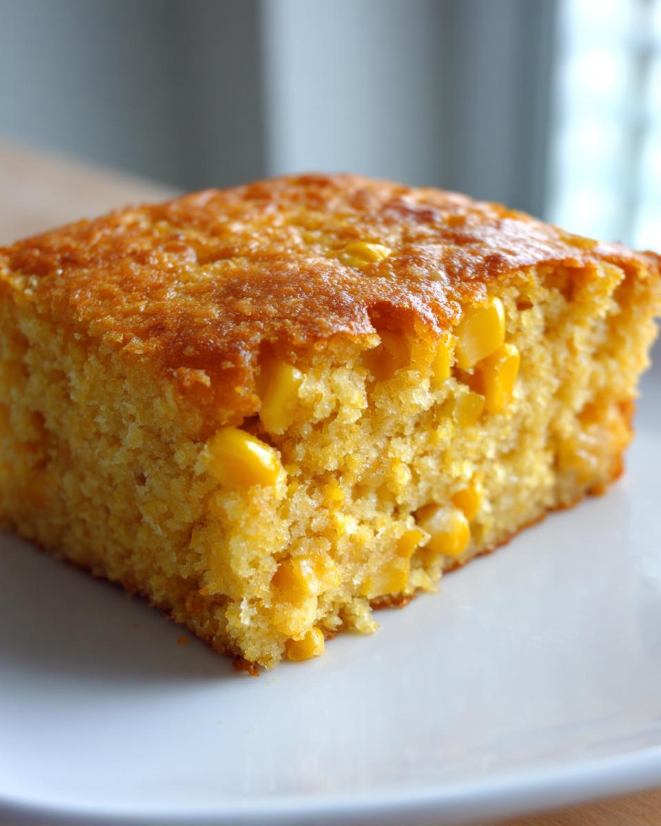 Close-up of a square slice of moist, golden corn casserole recipe studded with whole corn kernels.