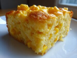 Close-up of a moist, golden slice of corn casserole recipe, studded with whole corn kernels.
